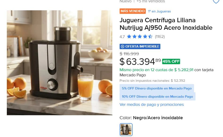 Juguera Centrífuga Liliana Nutrijug Aj950 Acero Inoxidable