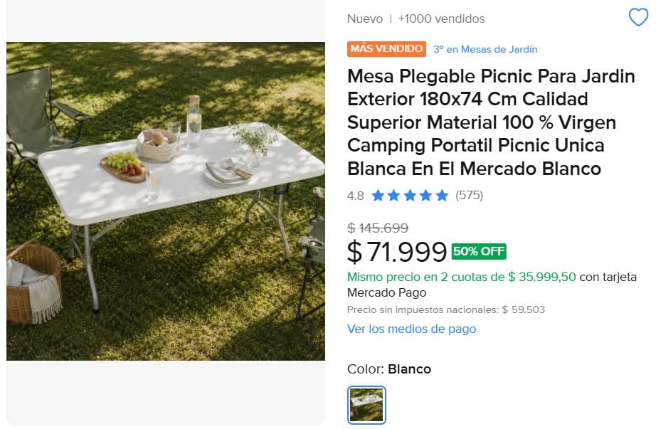Mesa Plegable Picnic Para Jardin Exterior 180x74 Cm Calidad Superior Material 100 %